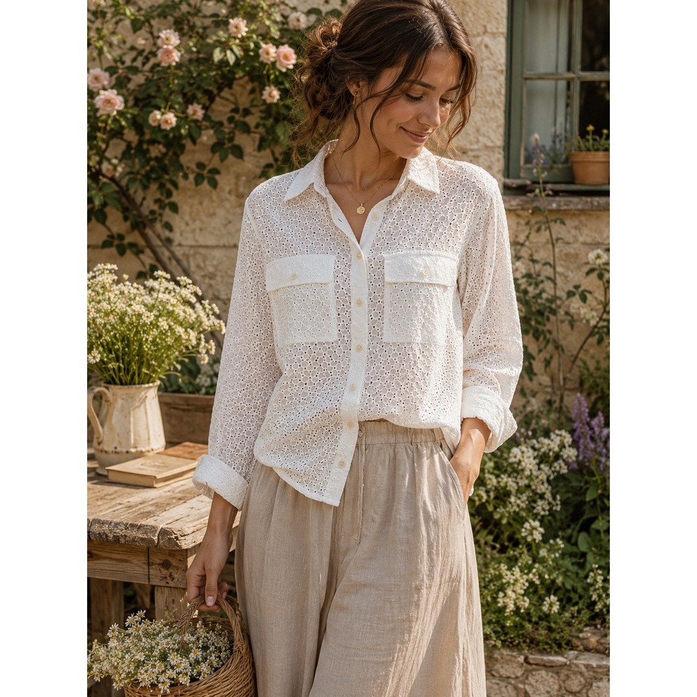 Banana Republic Dillon Shirt Womens Small White Cotton Eyelet Long Sleeve Button
